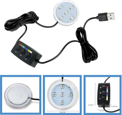 Produktbild von LED-Beleuchtung für Poppy Lufterfrischer, 5 LEDs mit Multicolor-Farbwechsel, 7 Farben, Kabel mit Bedienungselement, 5 Volt USB-Stecker, Befestigungs-Pad