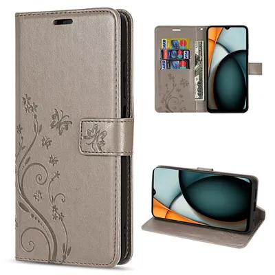 A collage of images showing a flip phone case with a floral design, a phone inside the case, and a close-up of the phone's screen.