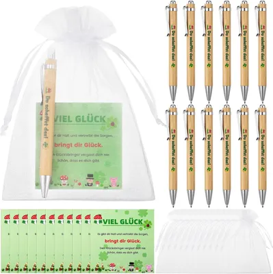 Productafbeelding van Sets geluksbrenger-cadeaus voor collega's - Set van 12 - 12 houten stiften - 12 wenskaarten met varkensdesigns