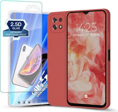 Produktbild von Hülle für Samsung Galaxy A22 5G mit 9H Displayglas Displayschutz Plus Case Cover Bumper Silikon Softgrip Schutzhülle Farbe: Rot