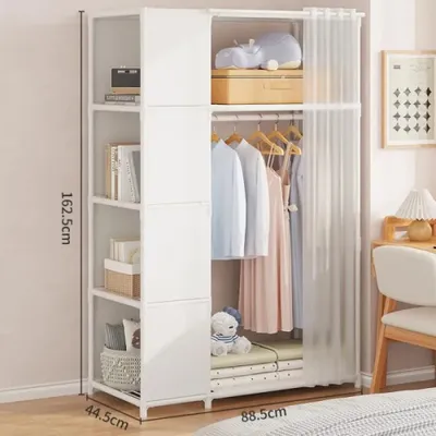 Produktbild von Stoffschrank Kleiderschrank, Kleiderstange und Ablagen,4-layer Doppelreihe, hochbeinig, Vorhängen,88.5*44.5*162.5cm,Weiß