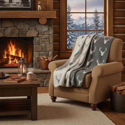 Produktbild von Kuscheldecke Hirsch-Design 150x200 cm – Wohndecke Grau/Creme, Flauschige Tagesdecke für Sofa & Bett