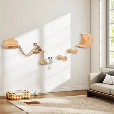 A living room scene with a cat climbing wall furniture, a sofa, and a rug.