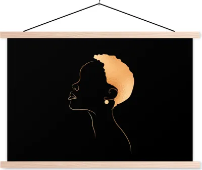 Produktbild von MuchoWow® Textilposter Frau - Strichzeichnung - Schwarz - Gold 60x40 cm mit holzfarbenen Rahmen - Bilder