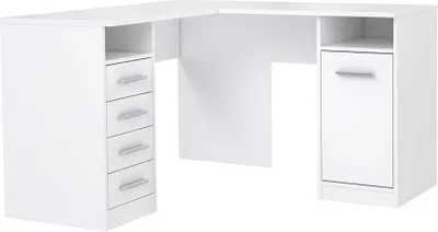 A white corner desk with drawers and a cabinet.