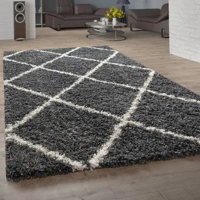 Produktbild von Hochflor Teppich Wohnzimmer Skandinavisches Muster Rautenmuster Dunkelgrau Creme Grösse 240x340 cm