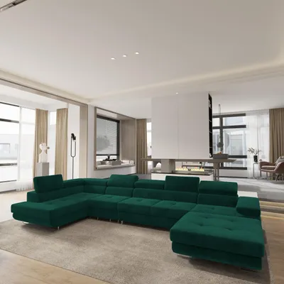 Produktbild von Masseno Ecksofa VELORA L-S mit Schlaffunktion U-Form, Sofa mit Bettkasten, Wohnzimmersofa, Couch, Soffa, Bettsofa, Couchgarnitur- Grün, MONOLITH 37