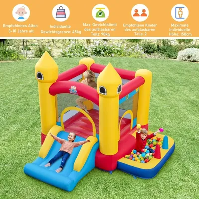 Produktbild von Aufblasbare Hüpfburg für Kinder mit Rutsche & 480 W Gebläse & Ozeanbällen & Ringwurf