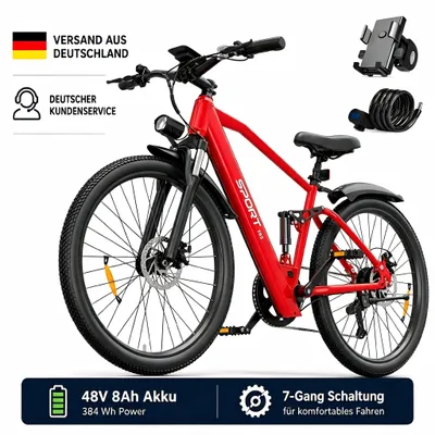 Produktbild von PiXELPiLOT T8S E Bike, Trekking E-Bikes Doppelte Federung, 250W Pedelec, 48V 8Ah Akku, Shimano 7-Gang, LED-Licht, LCD Display