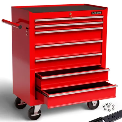 A red tool chest with multiple drawers on wheels.