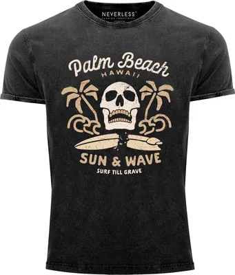 Produktbild von Neverless® Herren T-Shirt Surf-Motiv Totenkopf Palm Beach Vintage Shirt schwarz M