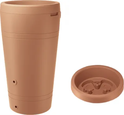 A terracotta rain barrel and its base are shown against a white background.