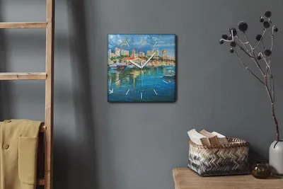 Produktbild von Coloray Hodiny Unikátní 30x30 cm  Tiché hodiny Pro obývací pokoj a kuchyň Nástěnné hodiny Plátno Bílé ručičky hodin - Stadthafen lodě moře