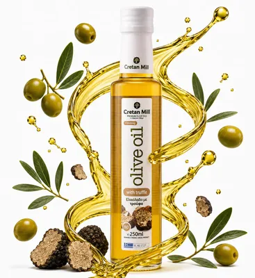 Obrázek produktu pro Ochucený olivový olej Cretan Mill Extra Virgin s černým lanýžem PDO Sitia, lisovaný za studena, 250 ml, Obrázek vytvořený pomocí AI