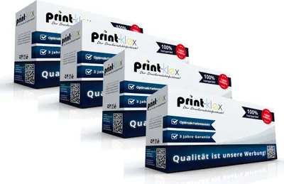 Multiple boxes of printer ink cartridges are arranged in a staggered formation against a white background.