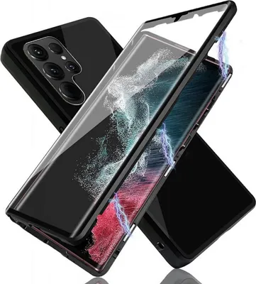 A disassembled phone case with a phone inside, showing magnetic closure and camera protection.