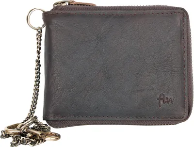 Image de FLW Hommes Biker Marron foncé Métal fermeture éclair autour du porte-monnaie en cuir naturel avec une chaîne