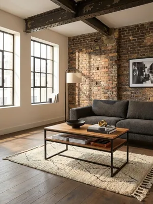Industrial Couchtisch aus massivem Akazienholz mit schwarzem Metallgestell in einem modern eingerichteten, hellen Wohnzimmer._#sku_SAFWL6.365#