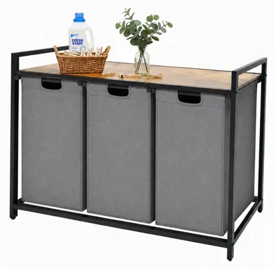Produktbild von Relaxdays Wäschesammler mit 3 Wäschesäcke, 150 L, Holzoptik Ablage, HBT: 73,5 x 109,5 x 33 cm, Wäschekorb, grau/natur