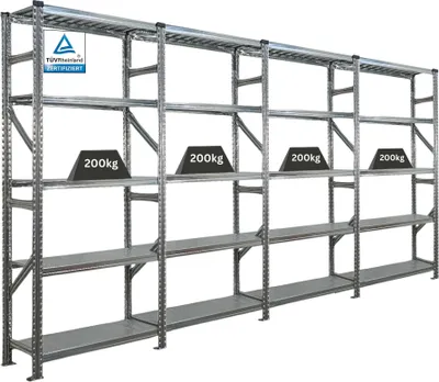 Produktbild von Fachbodenregal PROXIMO mit  Stecksystem | Komplettregal | HxBxT 200x360x32cm | 5 Ebenen | Fachlast 200 kg | Beidseitig nutzbar | Verzinkt