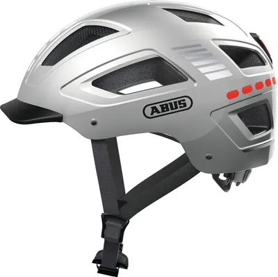 Produktbild von ABUS Fahrradhelm mit Licht - Hyban 2.0 LED - Vorder- und Rücklicht & robuste Hartschale - für Damen und Herren - Silber Glänzend, Größe XL (58-63 cm)