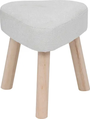 A close-up studio shot of a small, three-legged stool with a light-colored, textured seat and natural wood legs.