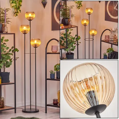 Produktbild von Cesaro Stehlampe aus Metall/Riffelglas in Schwarz/Bernsteinfarben/Klar