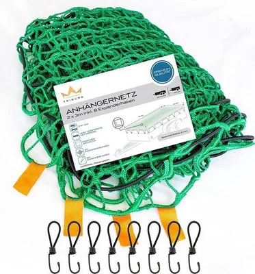 Produktbild von Unyqoos® Ladungssicherungsnetz 2 x 3 m für Anhänger, mit Eckenmarkierungen, inkl. 8 Gummispanner mit Haken, feinmaschig, UV- und wetterbeständig