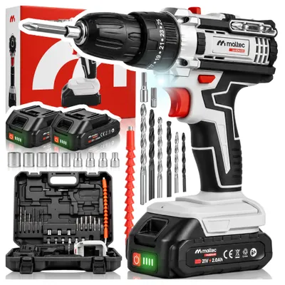 Immagine prodotto di Trapano avvitatore a batteria in valigetta, 21V, con 2 batterie e caricabatterie. Avvitatore a batteria con 18 velocità, controllo della coppia e luce LED
