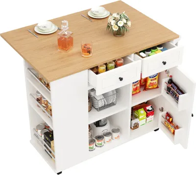 Produktbild von Kuecheninsel 120 x 42 x 91.5 cm (L x B x H) Weiss mit herausnehmbaren Trennwaenden Kuechenschrank Esszimmerwagen mit Arbeitsplatte Buffetschrank