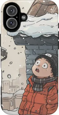 Produktbild von Chibi-Figur im orangefarbenen Wintermantel blickt auf verschneites Dach – Hülle Kompatibel mit iPhone 16 Plus
