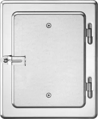 A close-up, front-facing view of a metal access door.