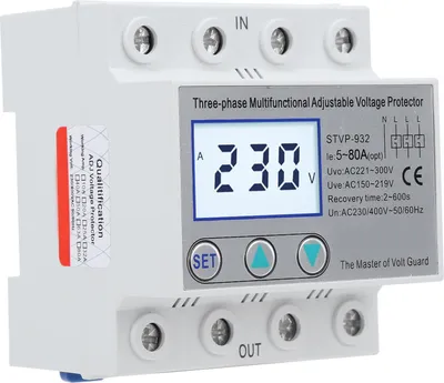 Zdjęcie produktu dla Regulowany ochronnik napięcia 3-fazowy LCD Wielofunkcyjny samoresetujący STVP-932 230v 400VAC (50A)