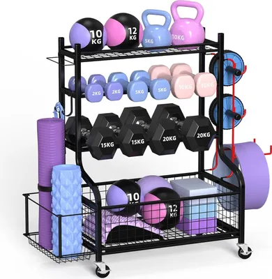 Obrázok produktu pre ZACHVO Stojan na činky, multifunkčný stojan na činky, podložka na jogu, fascia roll, kettlebell a blok, stojan na činky domáca posilňovňa so 4