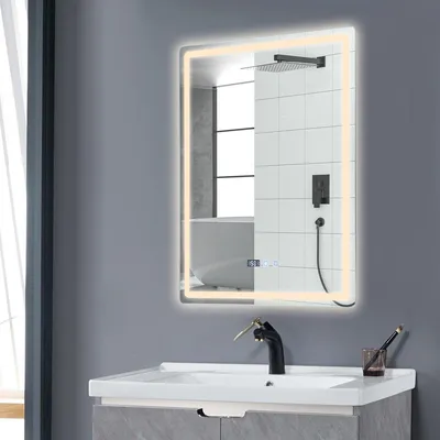 Image de Miroir de salle de bain LED, variateur d'intensité, anti-buée, 24W, 50x70 cm, verre, fixation murale, design moderne