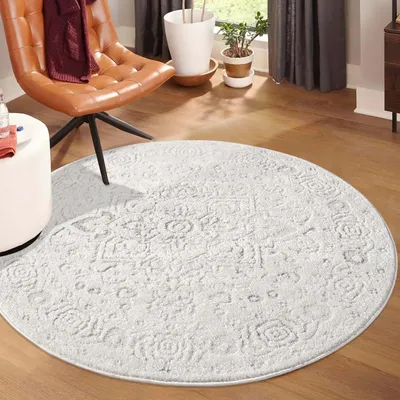 Produktbild von Kurzflor Teppich Creme - 120 cm Rund - Wohnzimmer-Teppiche 3D-Effekt - Ornamente