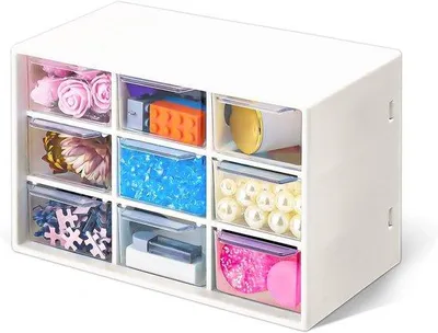 Obrázek produktu pro Plastový organizér do zásuvky, 9 zásuvek, Úložný box na kosmetiku, Malý organizér do zásuvky, Plastový kancelářský organizér na kosmetiku, šperky, kancelářské potřeby, 18 x 11,7 x 9,7 cm Mini plastový organizér do zásuvky s 9 zásuvkami, Úložné zásuvky na kosmetiku, šperky (bílý)