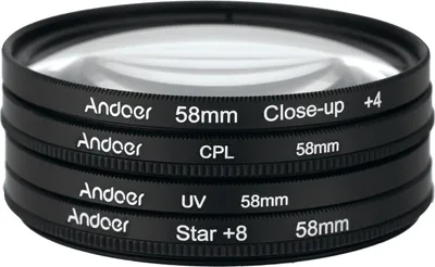 Zdjęcie produktu dla Andoer? 58mm UV + CPL + Close Up + 4 + Stars 8-Point Filter Circular Filter Set Filtr polaryzacyjny kołowy Macro Close-Up Star-8-Point Filter z torbą do Nikon Canon Pentax Sony DSLR Camera