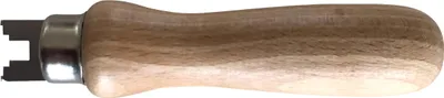 A close-up, studio shot of a watchmaker's tool with a wooden handle and metal prongs.