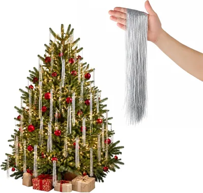 Imagen del producto de Adornos plateados iridiscentes, 3000 hebras, 50 cm, para decoración de árboles de Navidad