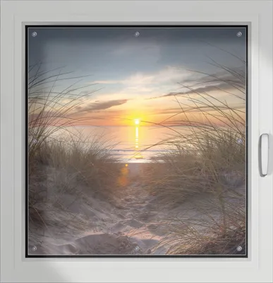 Produktbild von Wallario Lichtschutzbild, Dekorativer Sichtschutz Sonnenschutz 96 x 93 cm mit Motiv: Sonnenuntergang am Strand - Verdunklung ohne Bohren