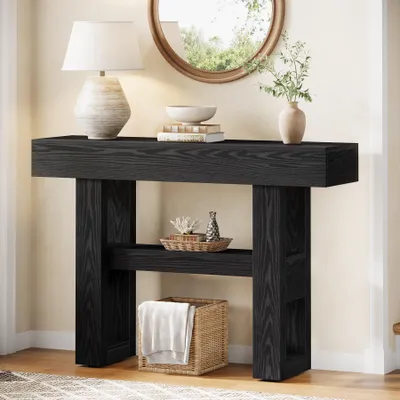 Immagine prodotto di Tavolino consolle in stile rustico di Tribesigns, alto 105 cm, stretto e a due livelli, con vani portaoggetti, ideale per ingresso, corridoio e soggiorno