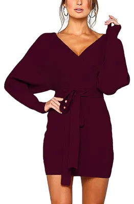 Produktbild von MANSY Damen y Cocktail Batwing Langarm Rückenfrei Mock Wrap Strickpullover Mi