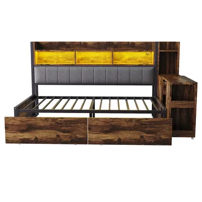 Produktbild von Flieks Jugendbett 90x200cm mit ausziehbarem Schreibtisch und Ladefunktion, Schlafsofa Metallbett mit Schubladen und Ablagen, Naturbelassen