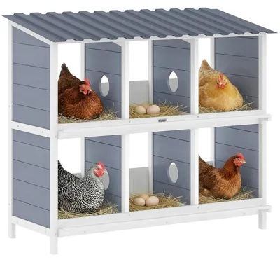 Productafbeelding van Legnest voor kippen, verhoogd houten kippennest met 6 compartimenten, 2 zitstokken voor een klein dierenhok, 102 x 50 x 91 cm, grijs