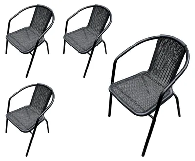 Produktbild von 4er Set Bistrostuhl, stapelbarer Gartenstuhl mit Armlehnen, Metallgestell in Schwarz und Polyrattangeflecht