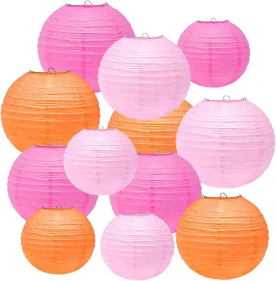 Obrázok produktu pre Papierové lampióny sada 12 ks, ružová a oranžová, 15 cm 20 cm 25 cm, párty dekorácia
