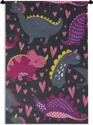 Produktbild von MuchoWow® Wandteppich Wandbehang Dinosaurier - Kind - Muster - Rosa - Mädchen 60x90 cm Tapisserie Dekoration Wandtuch - Foto-Teppich - Abwaschbar