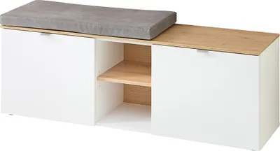 Produktbild von Schuhbank mit Sitzpolser 128 cm breit weiß matt mit Eiche BLISS-36