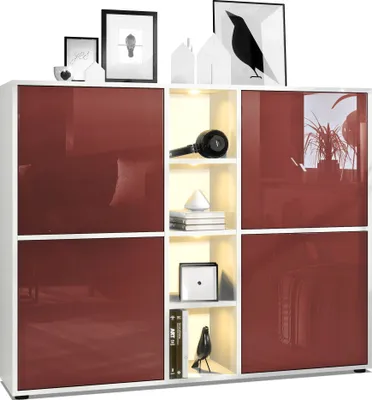Produktbild von Vladon Highboard Cuba V3,  Germany, Weiß matt/Bordeaux Hochglanz inkl. LED - Moderne Anrichte mit 12 Fächern (130,5 x 105,5 x 35,5 cm)